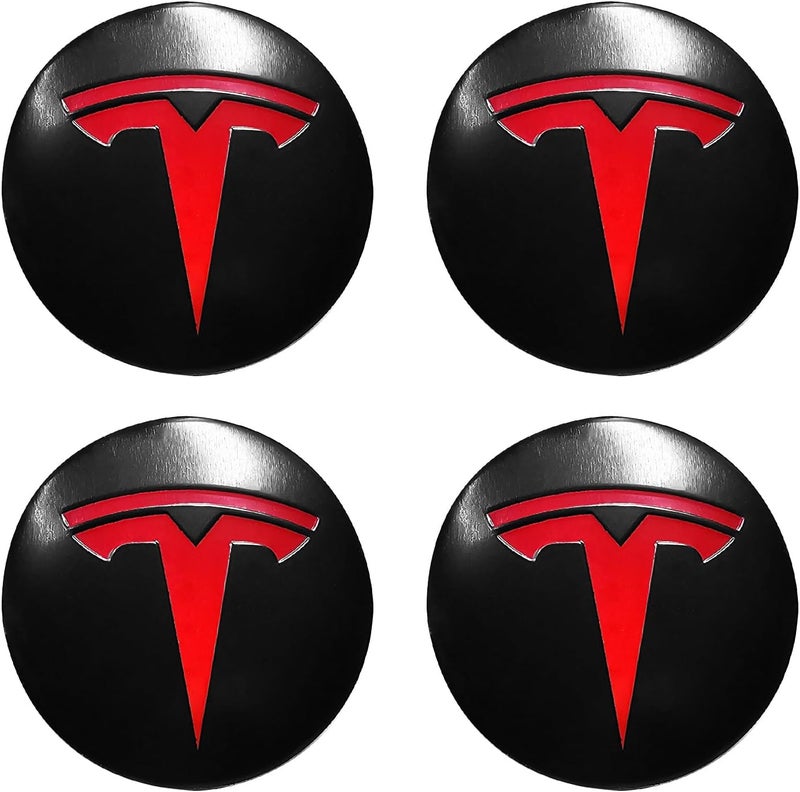 Knomix 4 Pack Aluminum Waterproof Wheel Cover Center Emblem Sticker for Tesla Model 3 Model Y 56mm Hubcaps Wheel Rim Cover (Matte Black Background+Red Emblem) - Image 1
